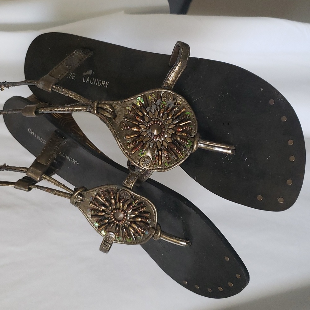 CHINESE LAUNDRY BEADED SANDAL W/HIEROGLYPHIC GOLD HEEL